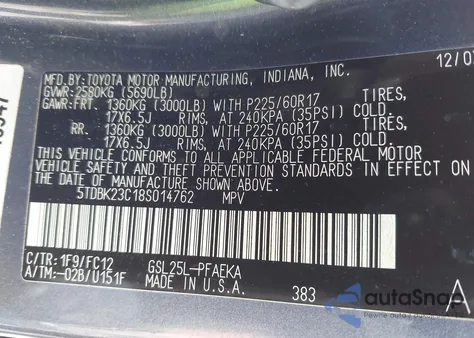 2008 Toyota Sienna Le из США, поврежденный, VIN 5TDBK23C18S014762